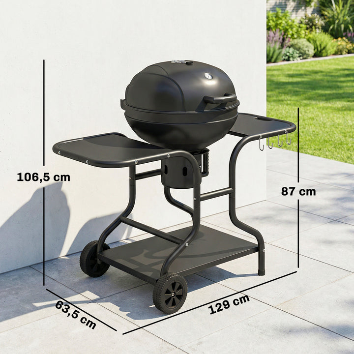 Kulgrill BBQ-ryger med sideborde, låg, termometer og hjul, 129 x 63,5 x 106,5 cm