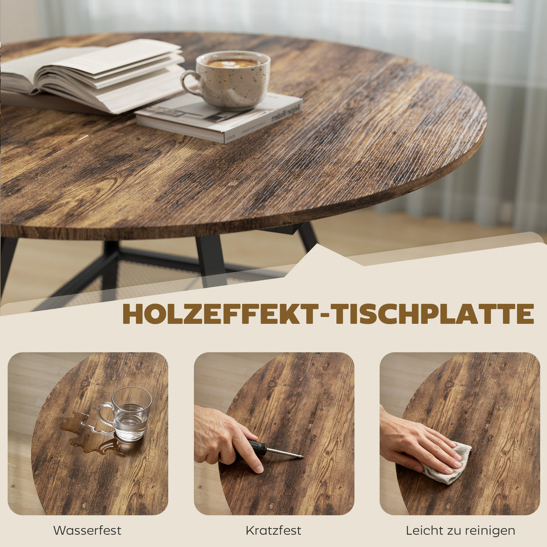 Spisebord til 4 personer, 100 cm rundt industrikøkkenbord med hylde, bordplade i trælook, rustik brun