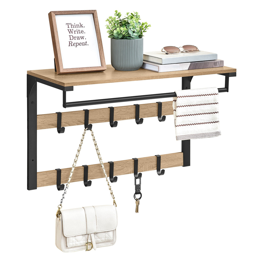 Væghængt hylde med bøjlestang og 10 kroge – sonoma eg / sort | loftstil