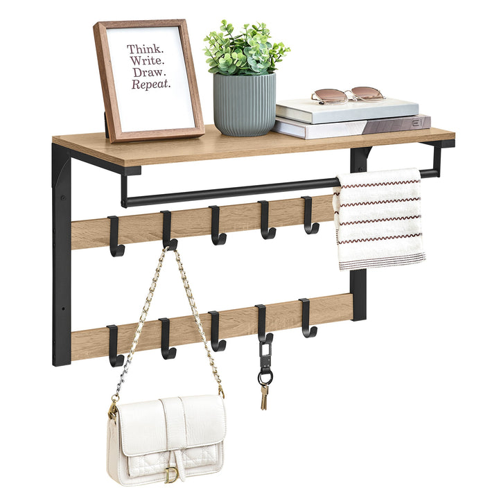 Væghængt hylde med bøjlestang og 10 kroge – sonoma eg / sort | loftstil