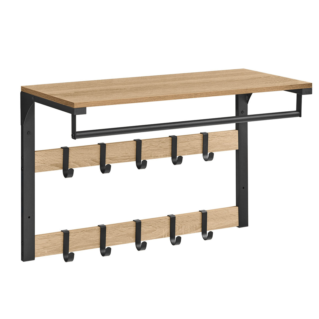 Væghængt hylde med bøjlestang og 10 kroge – sonoma eg / sort | loftstil