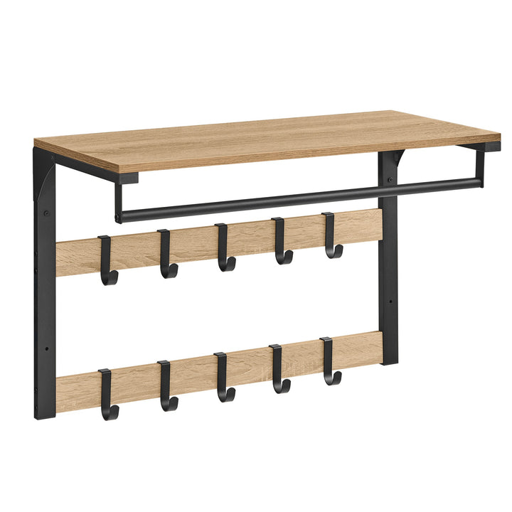 Væghængt hylde med bøjlestang og 10 kroge – sonoma eg / sort | loftstil