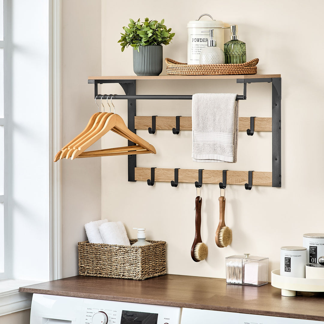 Væghængt hylde med bøjlestang og 10 kroge – sonoma eg / sort | loftstil