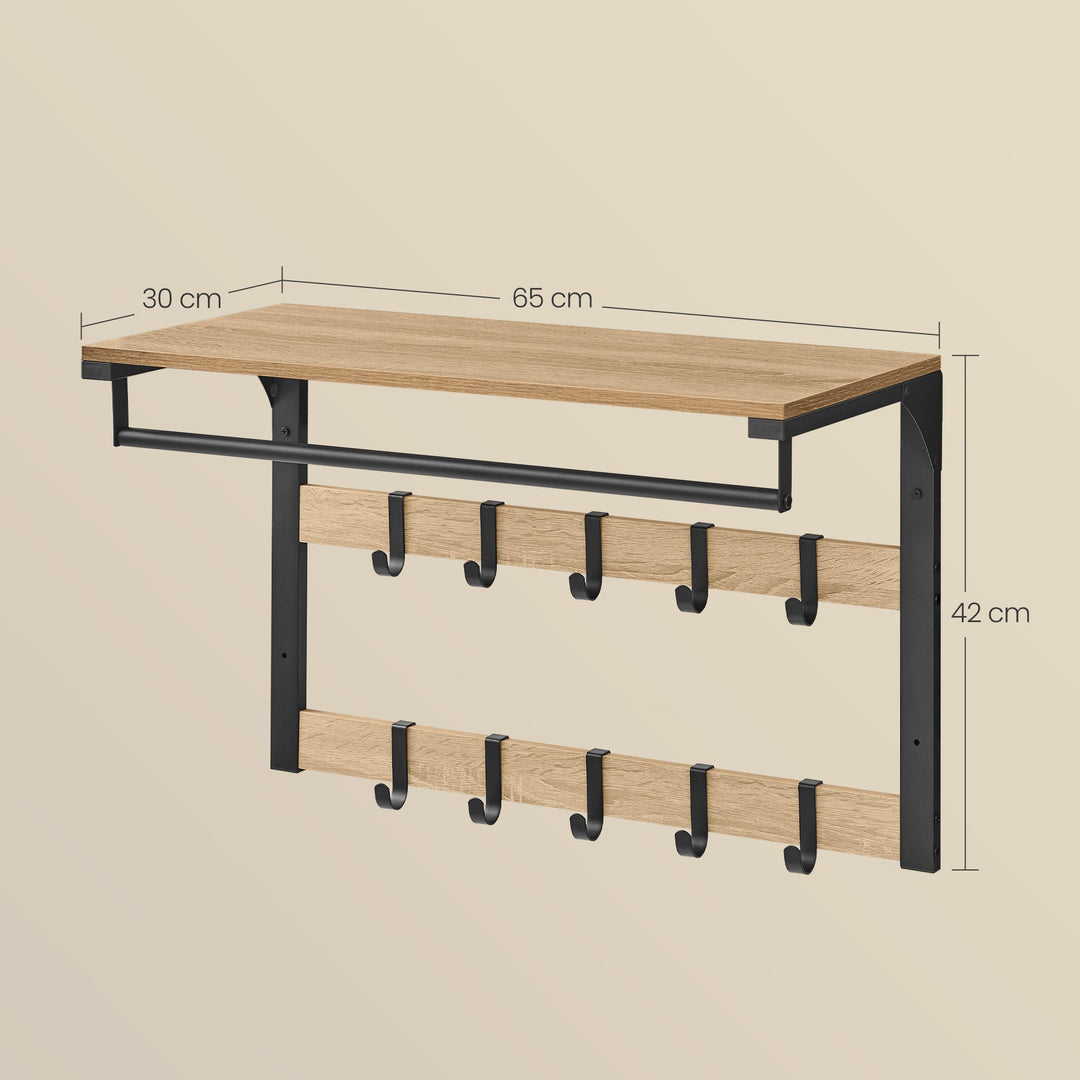 Væghængt hylde med bøjlestang og 10 kroge – sonoma eg / sort | loftstil
