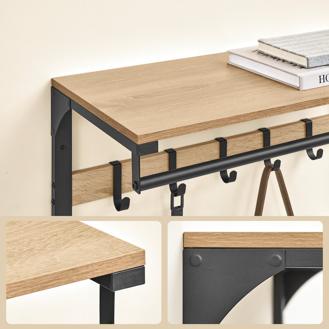 Væghængt hylde med bøjlestang og 10 kroge – sonoma eg / sort | loftstil