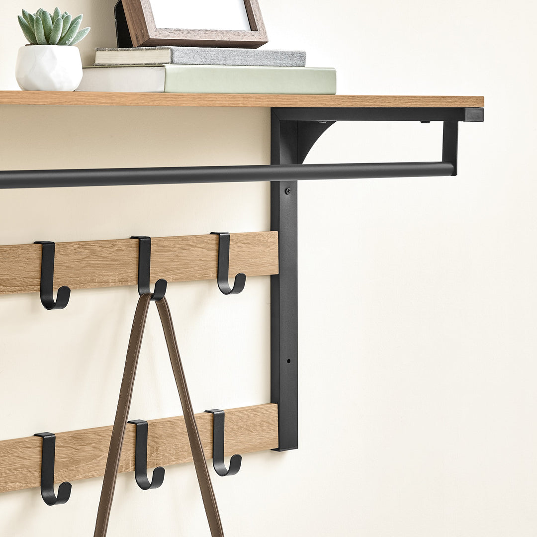 Væghængt hylde med bøjlestang og 10 kroge – sonoma eg / sort | loftstil