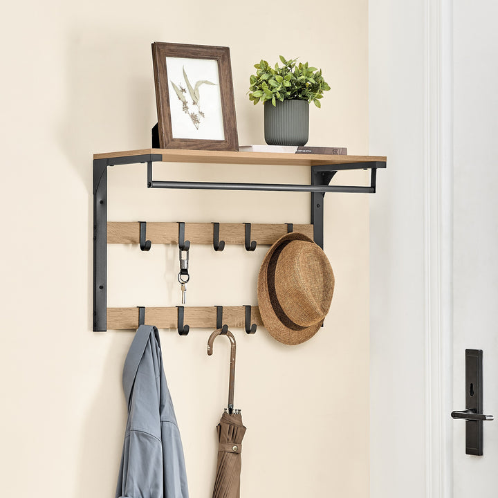 Væghængt hylde med bøjlestang og 10 kroge – sonoma eg / sort | loftstil