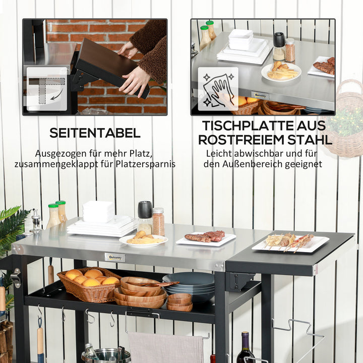 Grillstation/grillvogn, inklusive tilbehør, 125 x 65 x 84 cm, sort + sølv