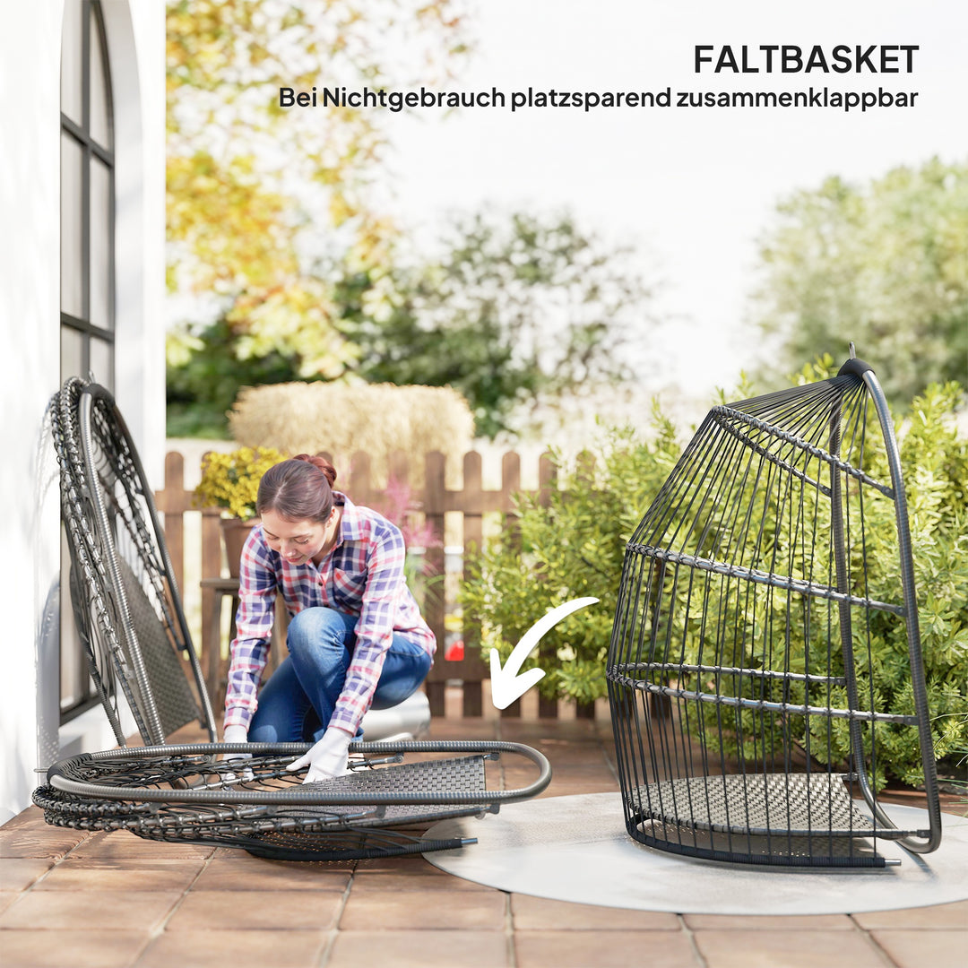 Hængestol hængekurv med hynde polyrattan gynge udendørs indendørs sammenklappelig bæreevne op til 150 kg mørkegrå