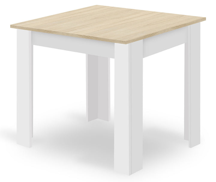 Sæt med NP bord 80x80cm Sonoma Eg + Hvid + 4 WAT hvide stole / naturlige ben