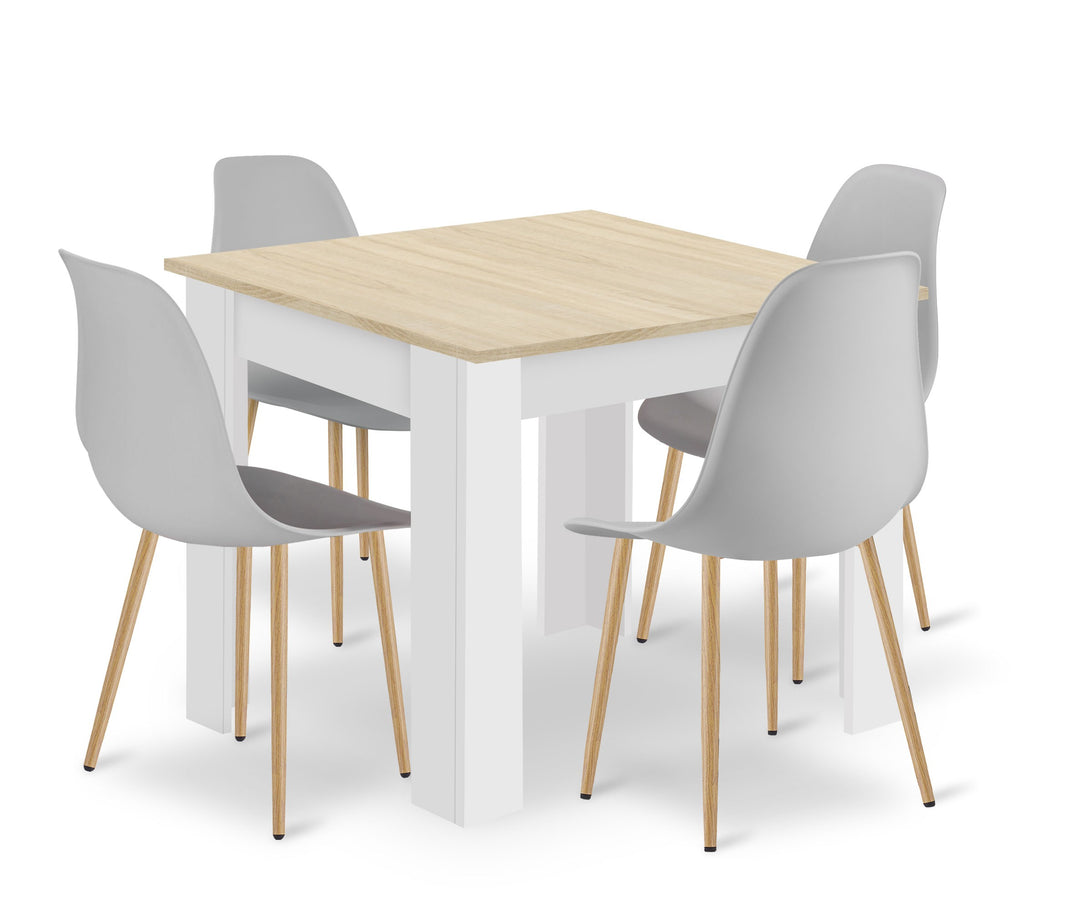 Sæt: NP Bord 80x80cm Sonoma Eg + Hvid + 4 WAT Stole Grå / Naturlige Ben
