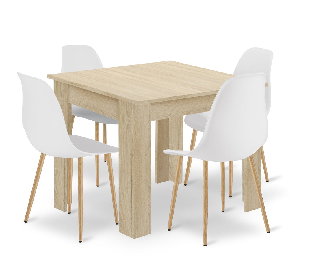 Sæt: NP Bord 80x80cm Sonoma Eg + 4 WAT Stole hvide / naturlige ben