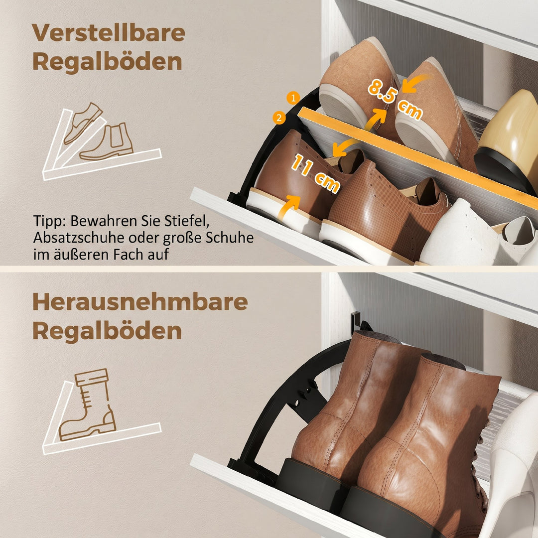Smalt skoskab med 2 nedklappelige rum, skoskab med litchi-læderdøre og justerbare hylder, hvid