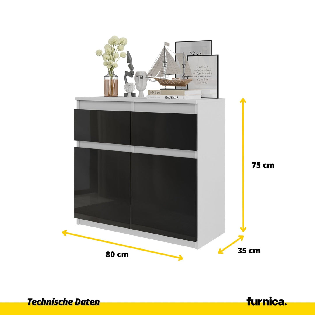NOAH - Kommode med 2 skuffer - mat hvid / højglans sort H75cm B80cm D35cm