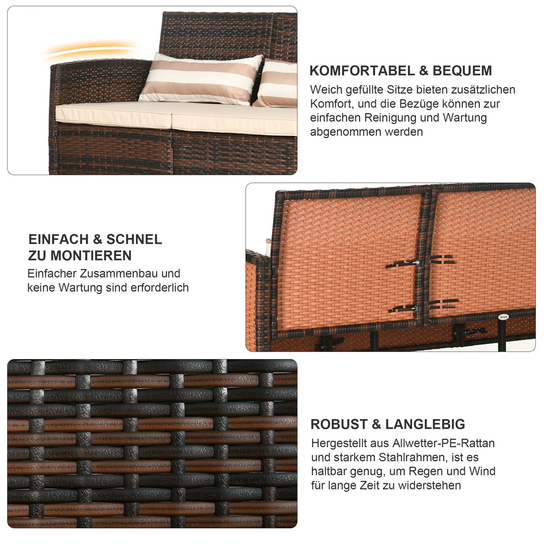 Rattan sofa med hynder, tre-personers, havelounge sofa, stål, brun, 173 x 68 x 78 cm