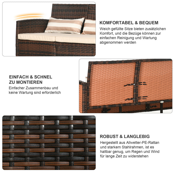 Rattan sofa med hynder, tre-personers, havelounge sofa, stål, brun, 173 x 68 x 78 cm