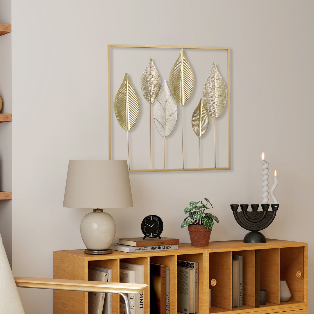 Metalramme med bladdesign, vægdekoration, moderne stil, guldfarvet