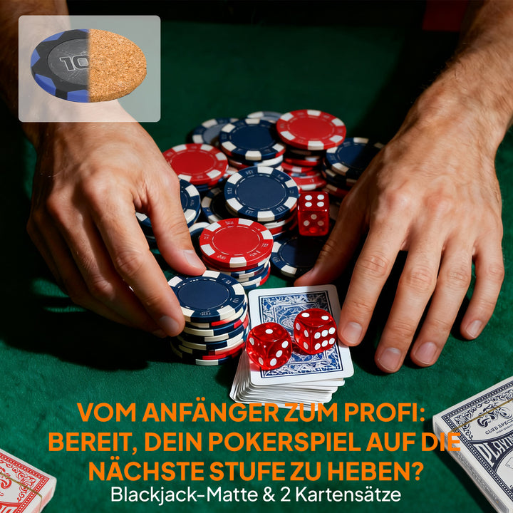 Pokerchipsæt i etui, med terninger, dealerknap, 2 sæt kort, sølvfarvet