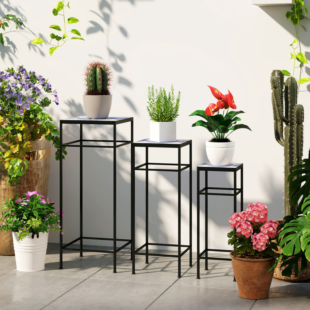Sæt med 3 plantestativer, 3 forskellige størrelser stativer til fremvisning af blomster og andre genstande, blå+hvid