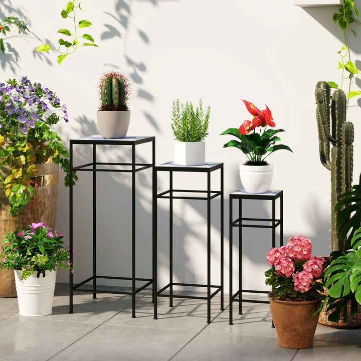 Sæt med 3 plantestativer, 3 forskellige størrelser stativer til fremvisning af blomster og andre genstande, blå+hvid