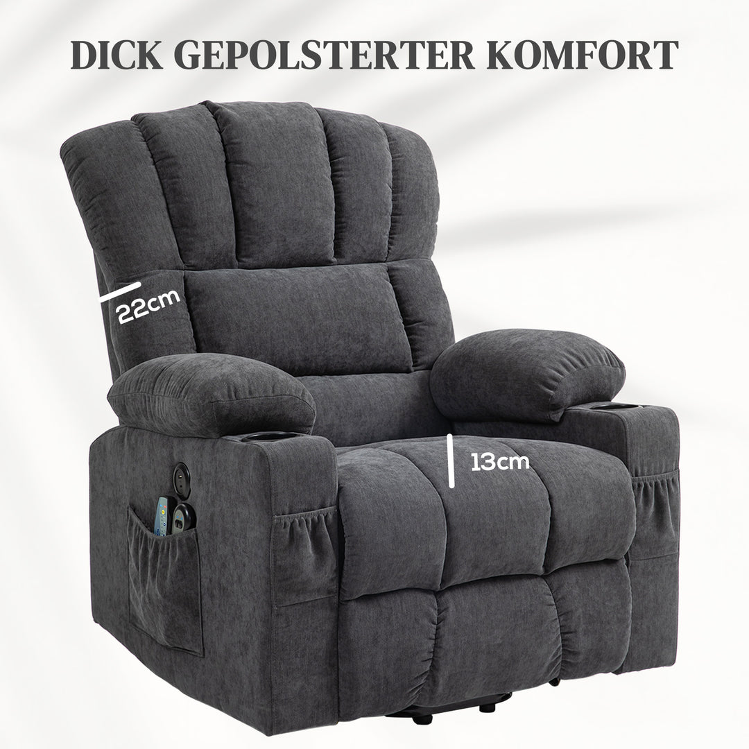 Elektrisk power lift-lænestol med massage- og varmefunktion, usb-porte, kopholdere, mørkegrå