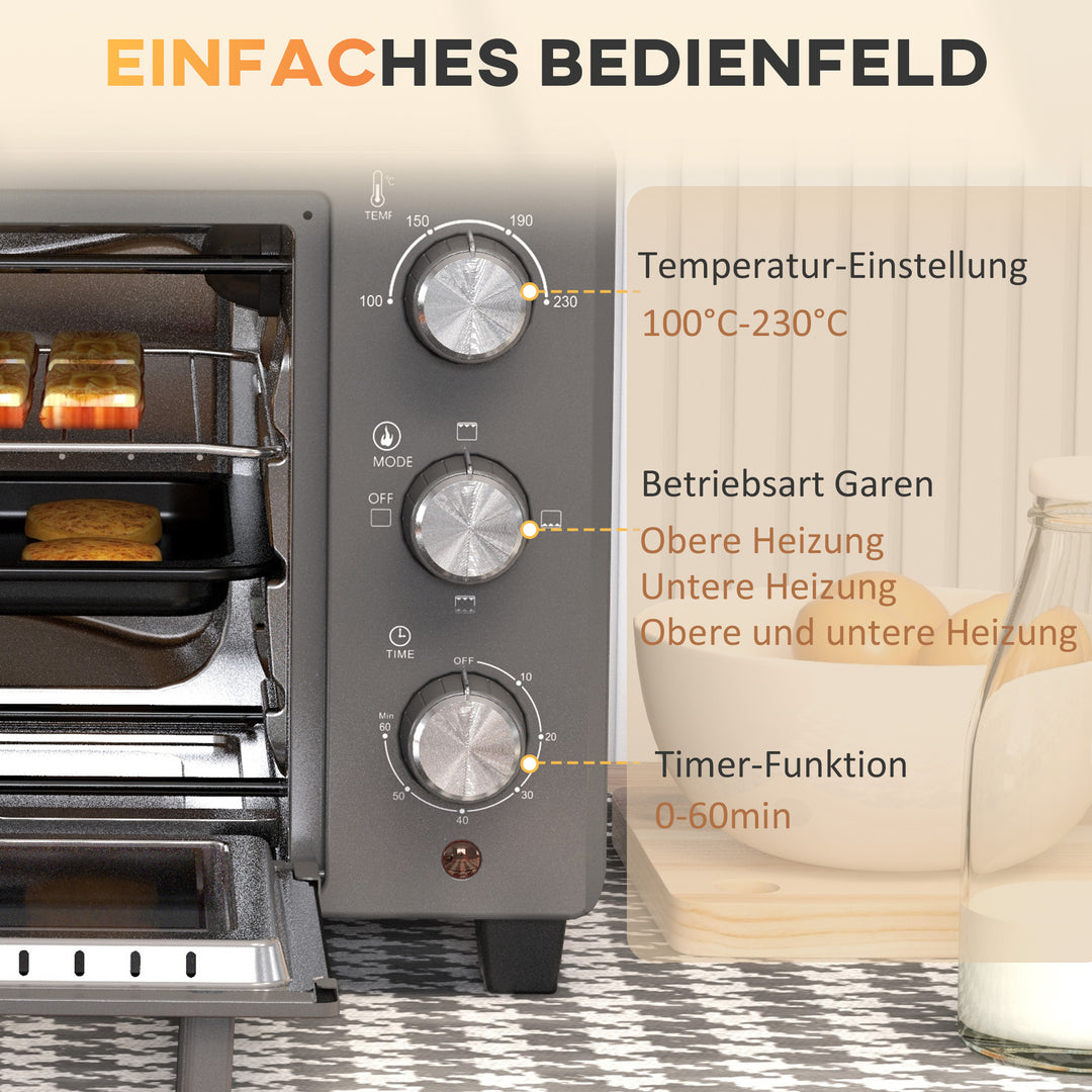 Miniovn, 21 l brødristerovn, 1 rist og 1 bageplade, 3 tilberedningstilstande, 100°c-230°c, rustfrit stål, glas, grå