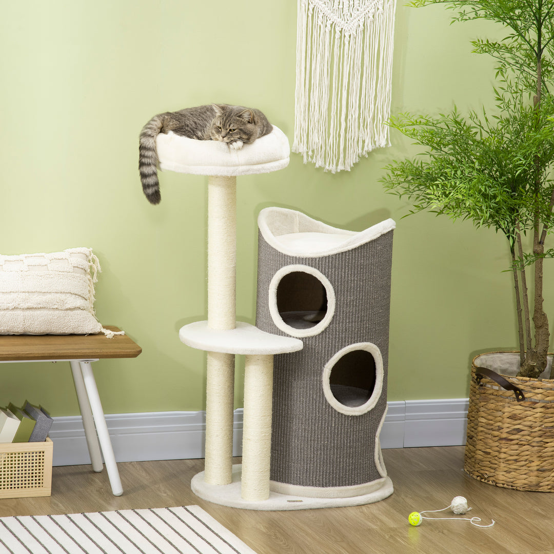 Kradsetræ med katteseng og kradsetønde til katte, 60 cm x 44,5 cm x 109 cm, grå + natur + hvid