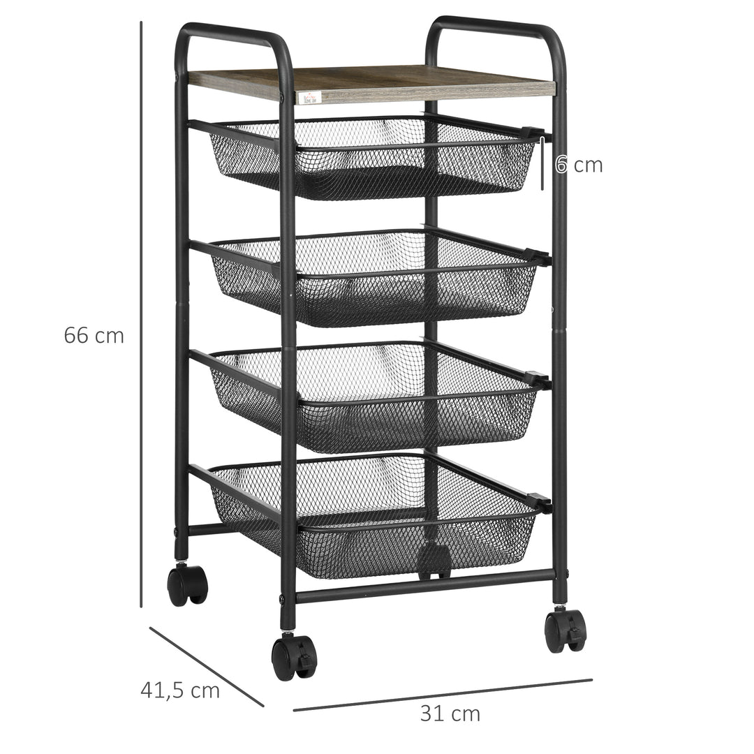 Rullevogn med 4 kurve, køkkenvogn, 4 hjul med 2 bremser, værktøjsvogn, sort, 41,5 x 31 x 66 cm
