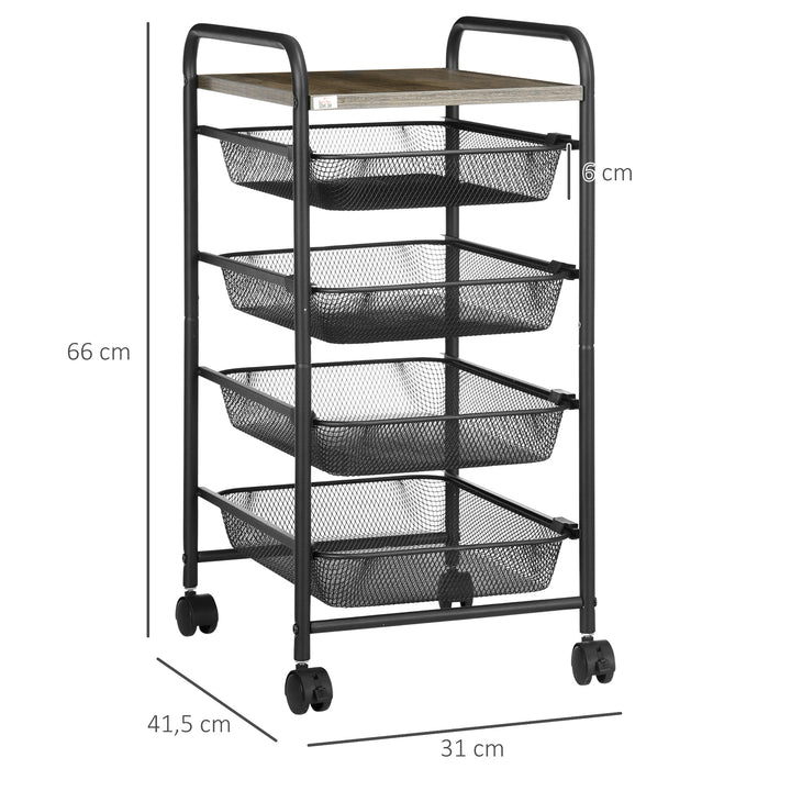 Rullevogn med 4 kurve, køkkenvogn, 4 hjul med 2 bremser, værktøjsvogn, sort, 41,5 x 31 x 66 cm