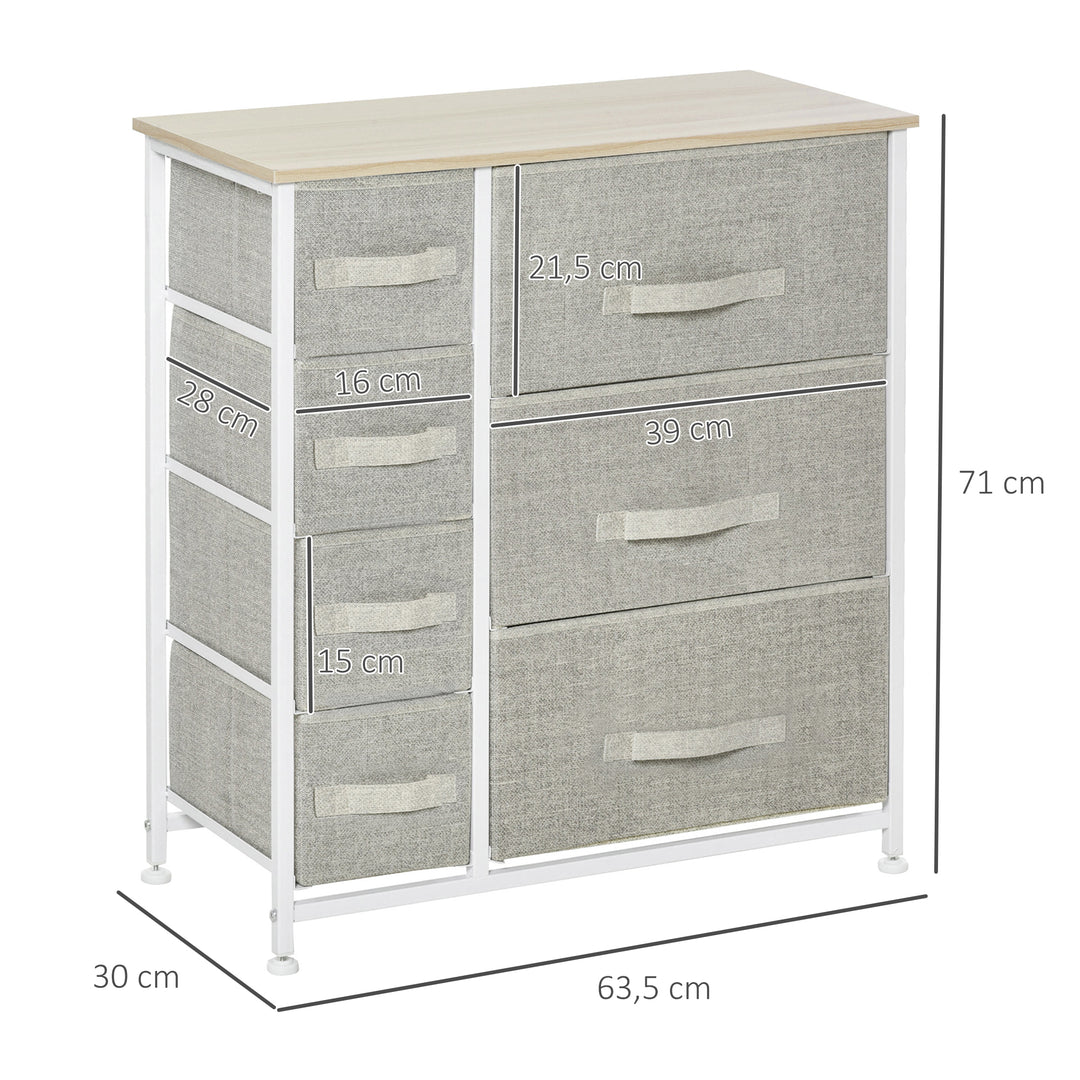 Kommode, skænk, 7 foldbare stoffskuffer, metalramme, 63,5 x 30 x 71 cm, lysegrå