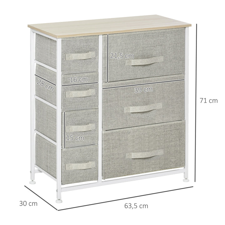 Kommode, skænk, 7 foldbare stoffskuffer, metalramme, 63,5 x 30 x 71 cm, lysegrå
