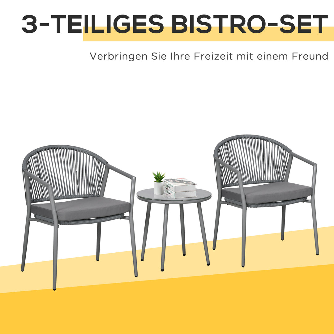 Havemøbelsæt, 2 stole og 1 bord med glasplade, rattan-look, vejrbestandig, metalstel, grå