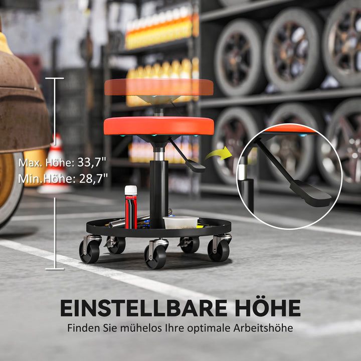 Værkstedsskammel med hjul, højdejusterbar 38-50 cm, maksimal belastning 135 kg, orange