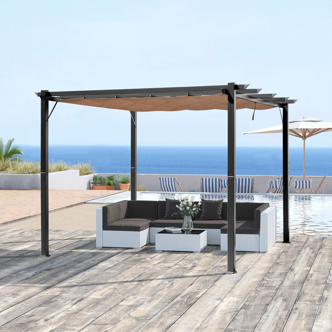 Pergola pavillon med justerbart stoftag 3 x 4 m terrassebaldakin aluminium solskærm baldakin terrasse have grå+brun