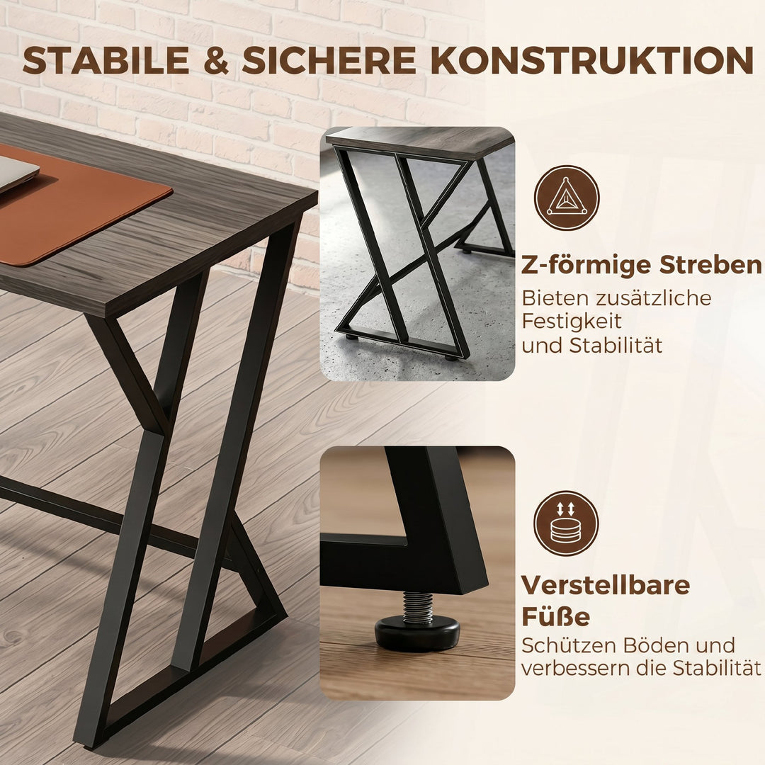 Skrivebord/computerbord 120x60cm, kontorbord med Z-formet metalbase, trælook, industrielt design til kontor, grå