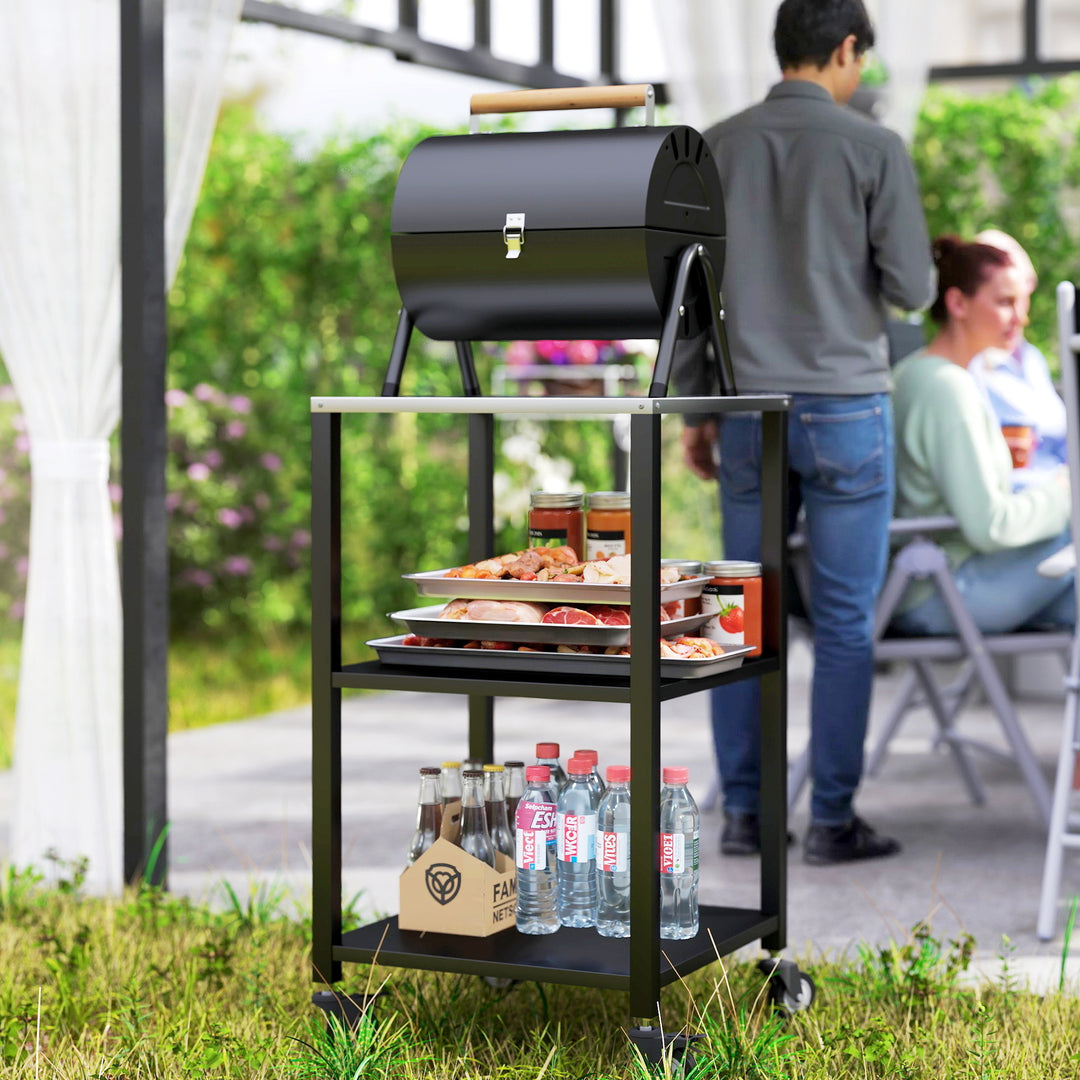 Grillvogn, 3-lags grillbord med arbejdsflade i rustfrit stål, hjul, mobil serveringsvogn, 50 x 50 x 90 cm, sort