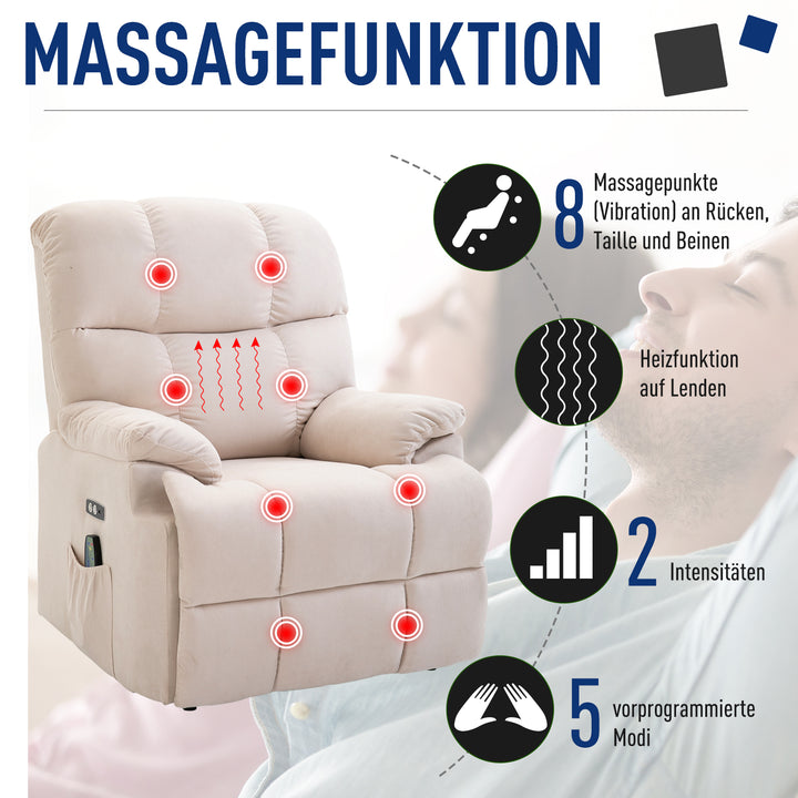 Lænestol med ståstøtte, massagestol, afslappende stol med usb-port, tv-stol med fjernbetjening, sidelomme, lænestol med fløjlslook, beige