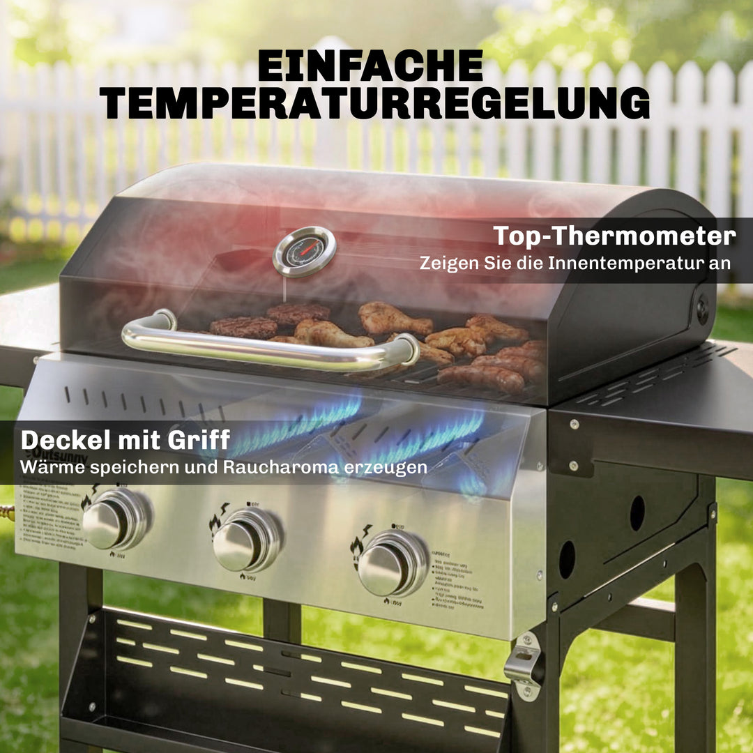 Gasgrill 9 KW 3 brændere BBQ grillvogn rustfrit stål inkl. foldbart sidebord krydderiholder nederste hylde 6 kroge