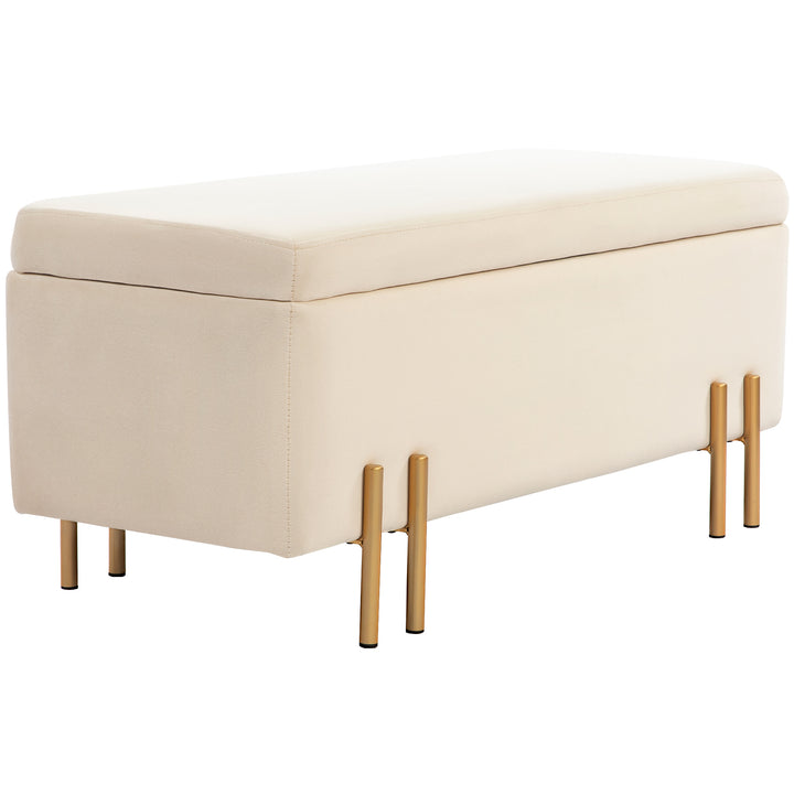 Polstret bænk med opbevaring, kommodebænk, skum, metal, gummitræ, 100 x 40 x 42 cm, beige
