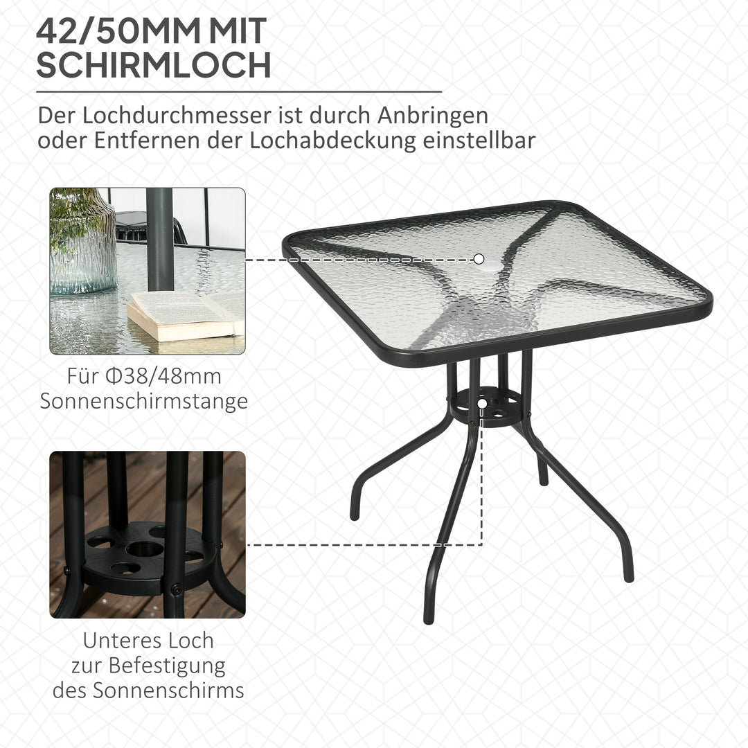 Aftageligt havebord i metal, 76x76 cm, vejrbestandigt balkonbord med parasolhul, skridsikkert, sort