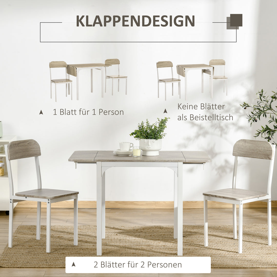 2-delt siddesæt, foldbart spisebord med 2 stole, klapbord, 110 cm x 70 cm x 75 cm, hvid + natur