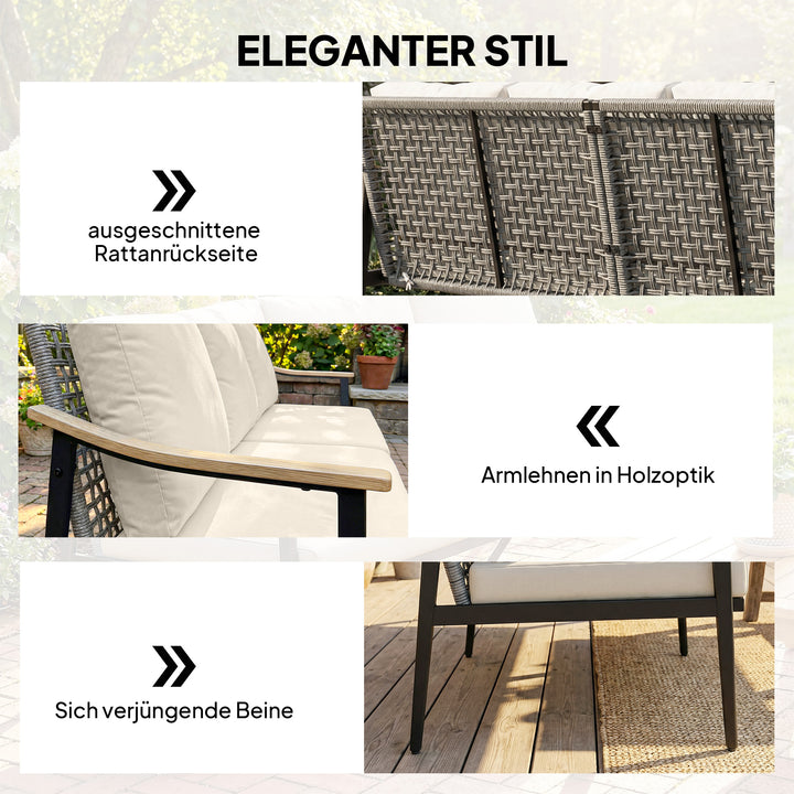 3-personers havesofa i rattan med aftagelige hynder, armlæn i trælook, stålstel, khaki