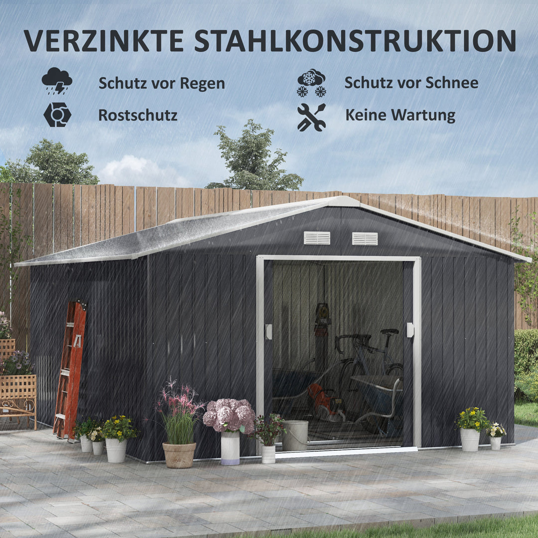 Redskabsskur, vejrbestandigt haveskur til haveredskaber, med ventilationsvinduer, skydedøre, stål, kulgrå