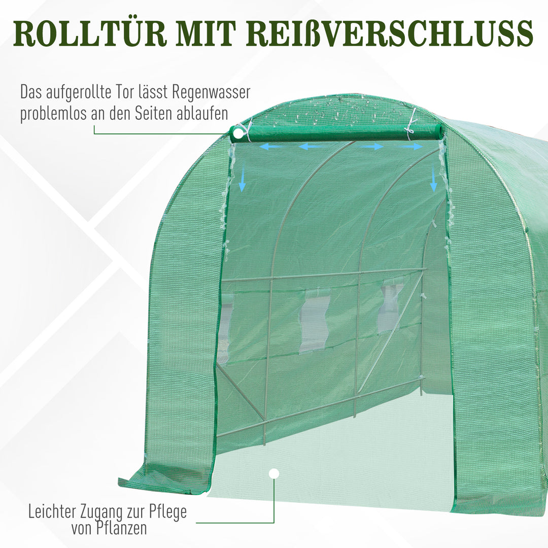 Drivhus 445x190x200cm plastikdrivhus tomathusdør med myggenet, vindue, galvaniseret stålfilmtunnel, staldplantetunnel, drivhus inklusive jordankerreb, grøn