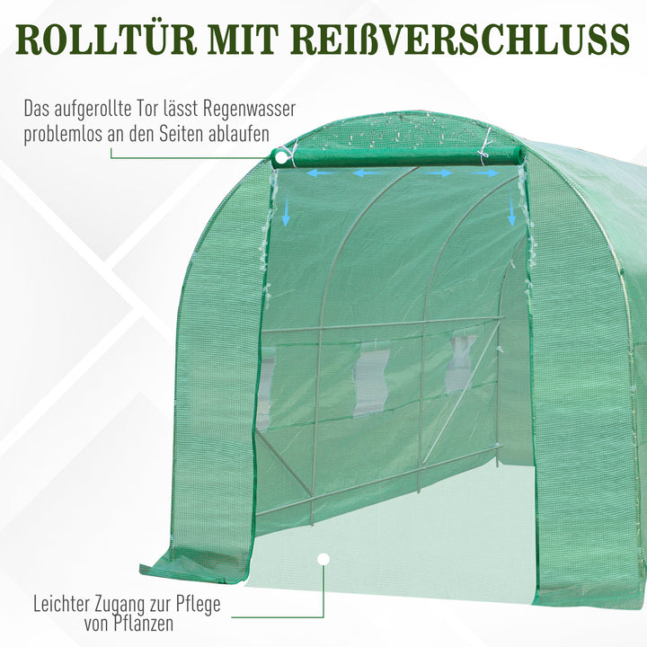 Drivhus 445x190x200cm plastikdrivhus tomathusdør med myggenet, vindue, galvaniseret stålfilmtunnel, staldplantetunnel, drivhus inklusive jordankerreb, grøn