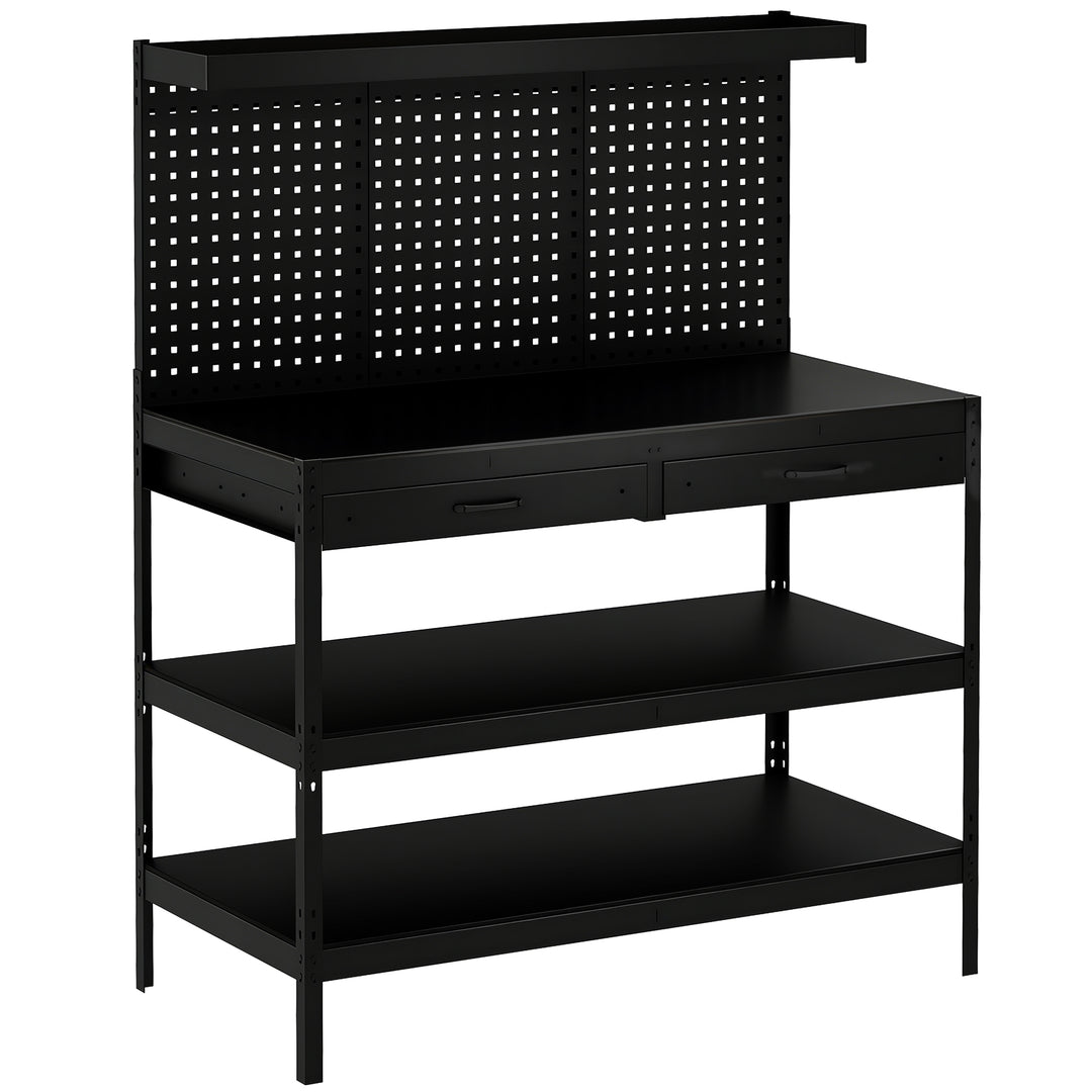 Arbejdsbord med justerbare hylder, robust arbejdsstation med hulbræt og 2 skuffer, 122 x 61 x 156 cm, sort