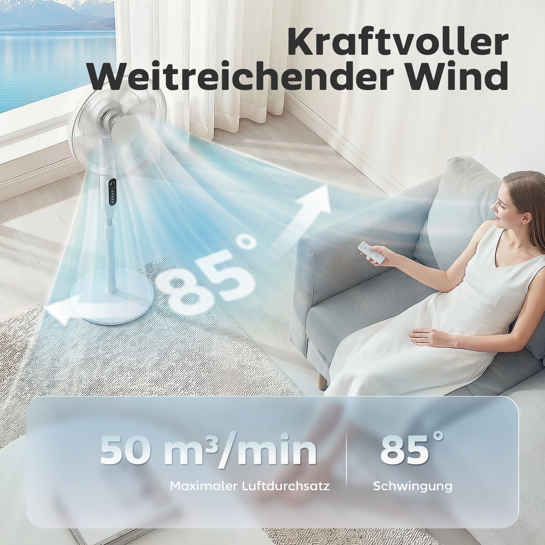 Sokkelventilator med 15-timers timer, 85° oscillation, LED-kontrolpanel, fjernbetjening, hvid