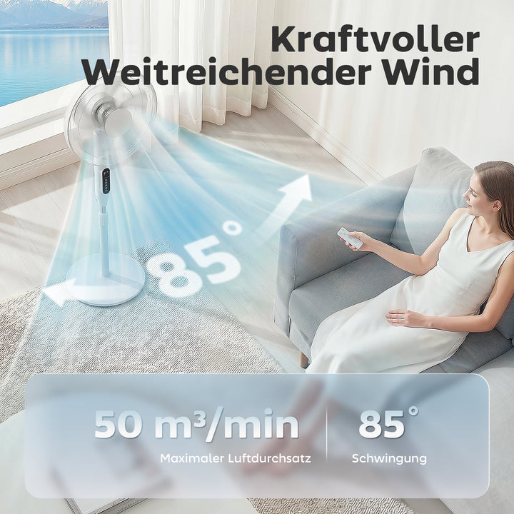 Sokkelventilator med 15-timers timer, 85° oscillation, LED-kontrolpanel, fjernbetjening, hvid