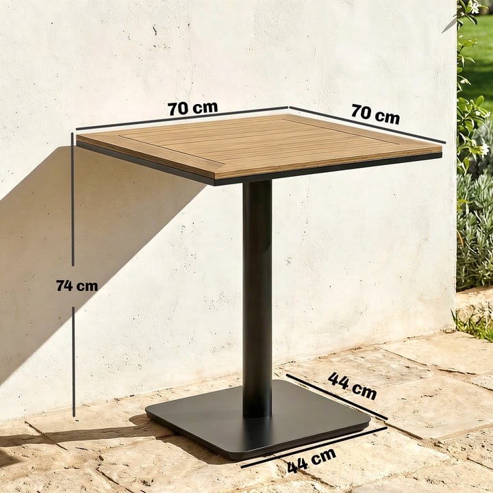 Sidebord 70 x 70 cm, vejrbestandigt havebord med trælook, bred fod, firkantet, naturtræ