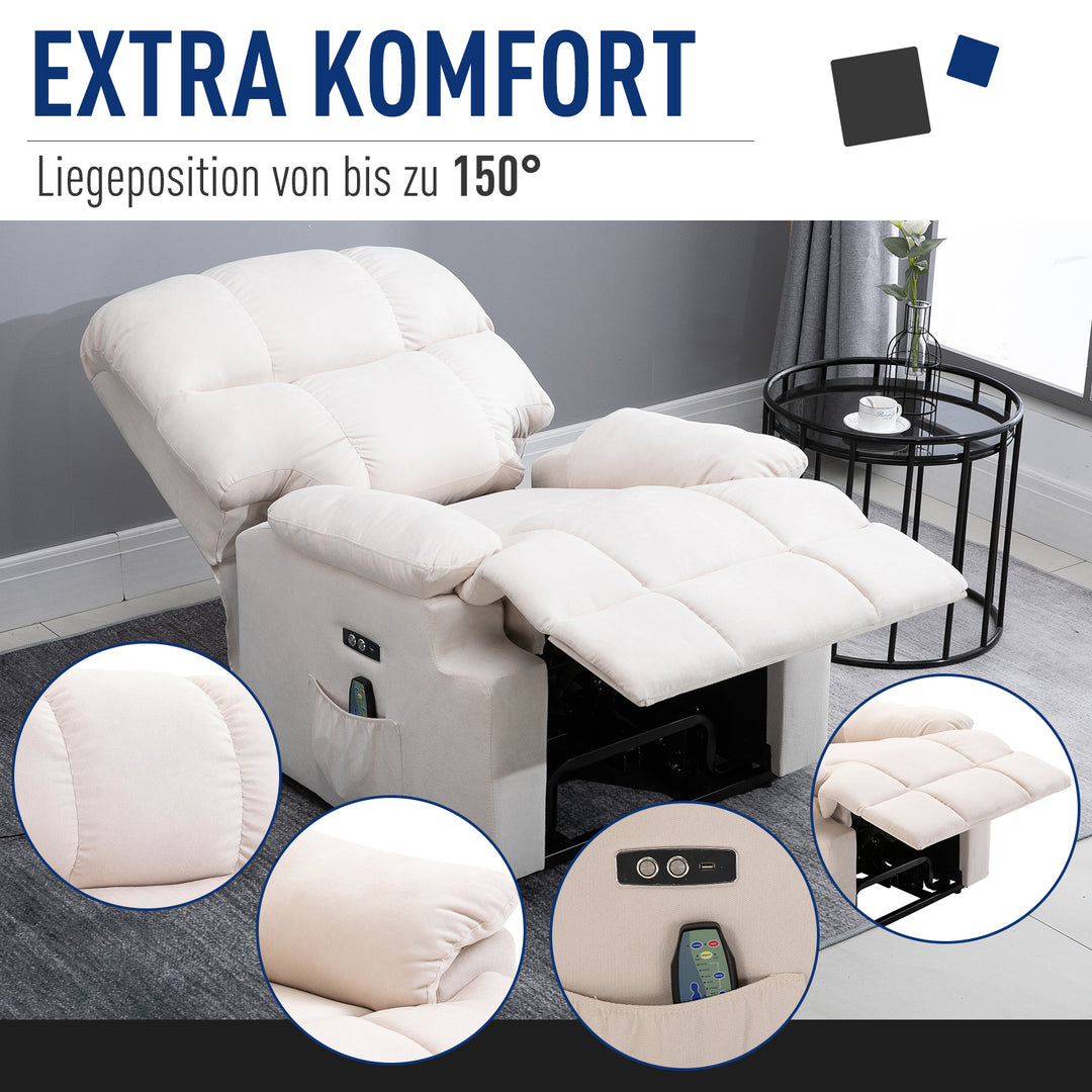 Lænestol med ståstøtte, massagestol, afslappende stol med usb-port, tv-stol med fjernbetjening, sidelomme, lænestol med fløjlslook, beige